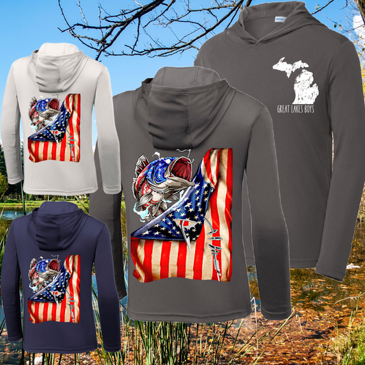 Great Lakes Boys - American Flag Bass Fish Hooded Long Sleeve (Youth & Adult)