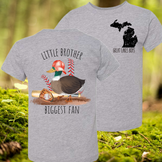 Great Lakes Boys - Little Brother Biggest Fan Baseball Duck Premium Tee (Toddler, Youth & Adult)