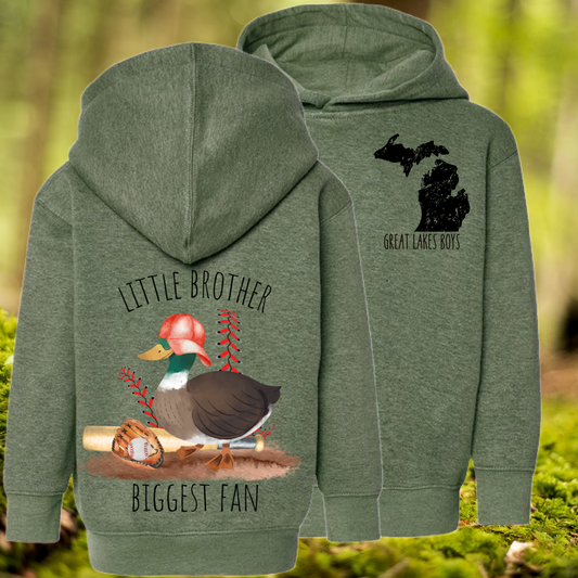 Great Lakes Boys - Little Brother Biggest Fan Baseball Duck Hooded Sweatshirt (Toddler, Youth & Adult)