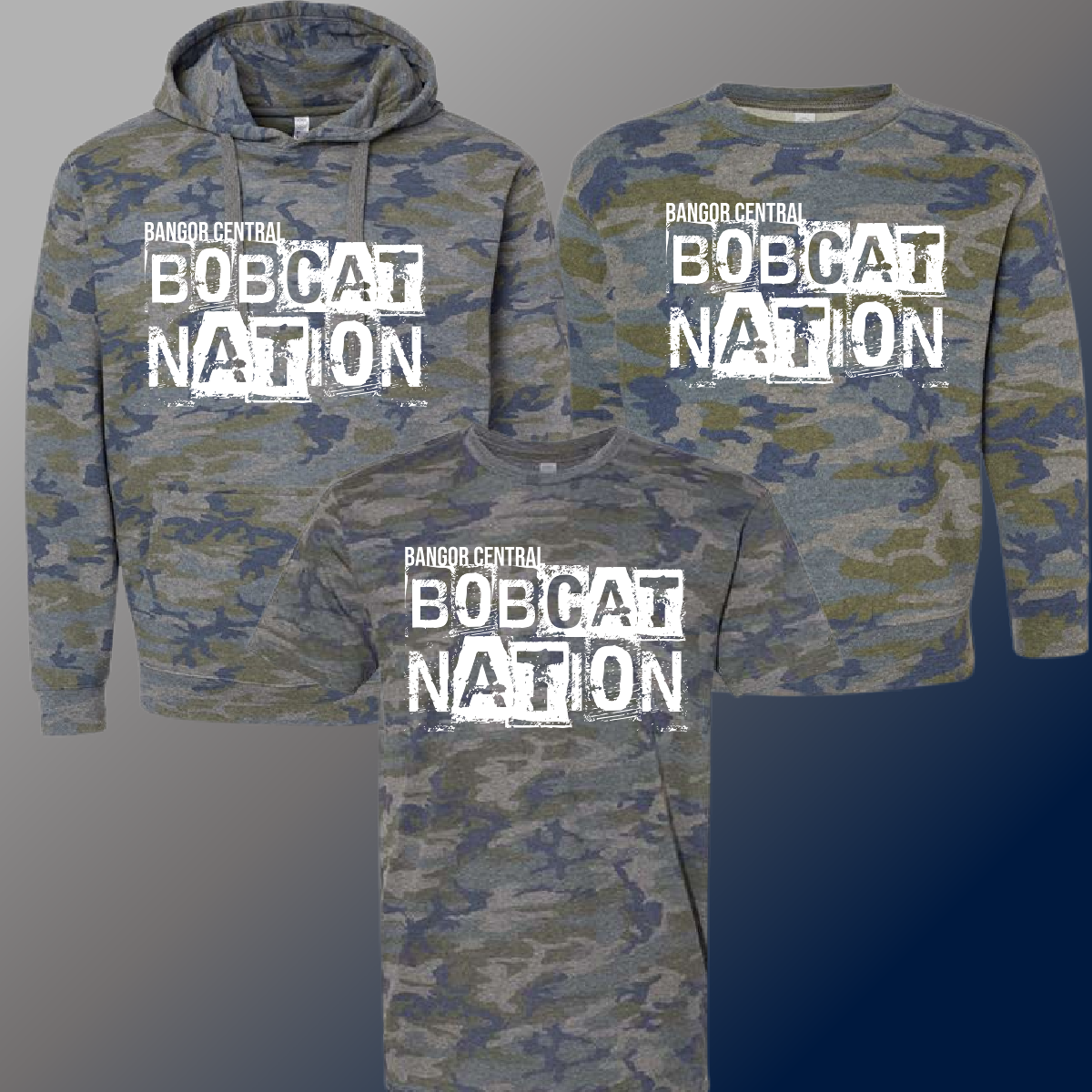 Bangor Central Bobcats  - Camouflage Distressed Block Tee & Sweatshirt