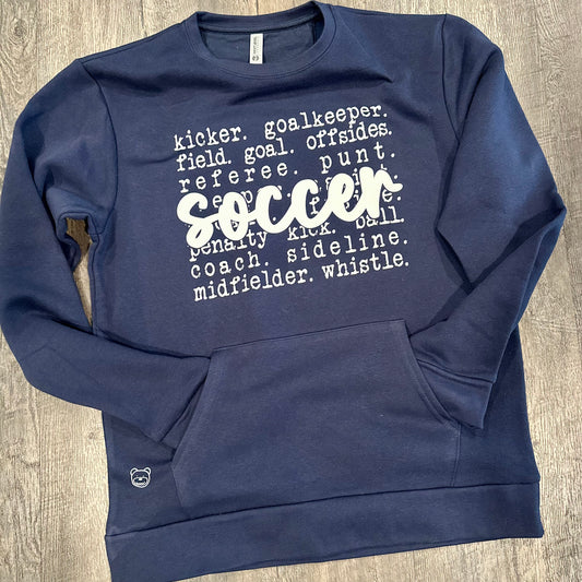 Soccer Word Collage Pocket Crewneck Sweatshirt - Navy (Adult) - Ready To Ship*