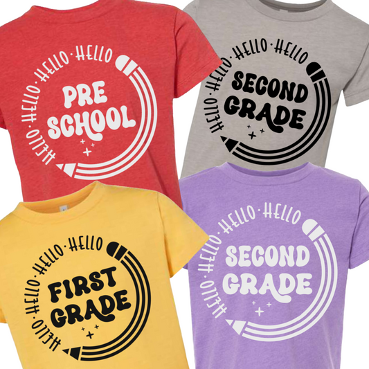 Hello with Pencil Back To School Grade Level Tees