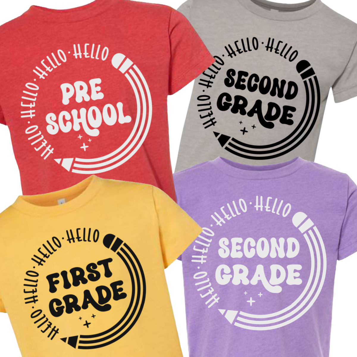 Hello with Pencil Back To School Grade Level Tees - MADE TO ORDER/TWO WEEKS