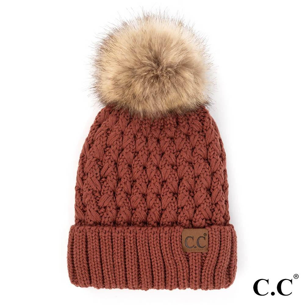 C.C Lattice Crossover Lined Beanie Hat with Faux Pom - Brick